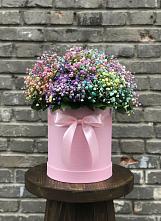 Цветочная композиция из Гипсофила и Розы в шляпной коробке в Зеленоборске
