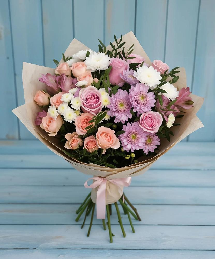 Букет цветов из: Хризантемы, Розы и Альстромерии в Зеленоборске