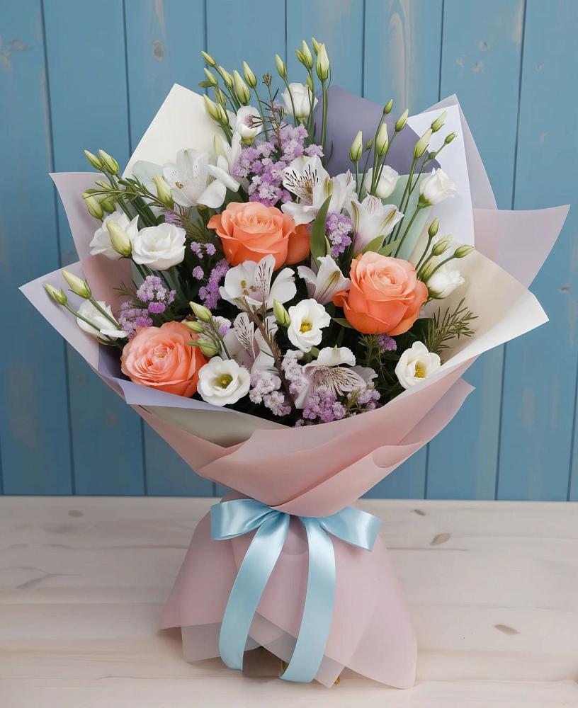 Букет цветов из: Лизиантусы, Розы, Альстромерии и Гипсофила в Зеленоборске