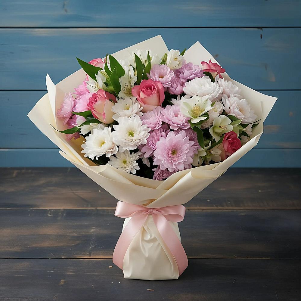 Букет цветов из: Хризантемы, Альстромерии и Розы в Зеленоборске